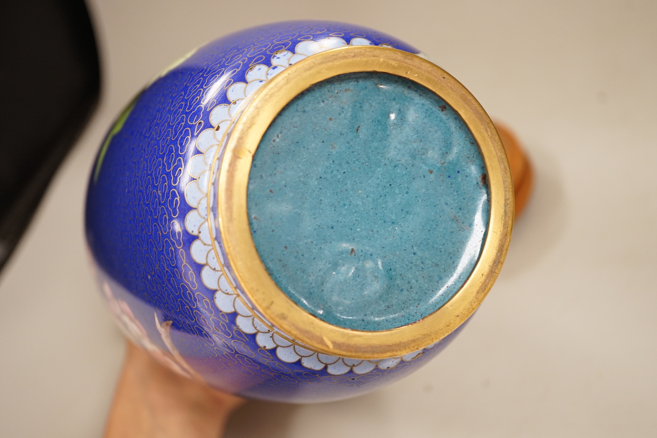 A Chinese cloisonné enamel vase on stand, 35cm high including stand